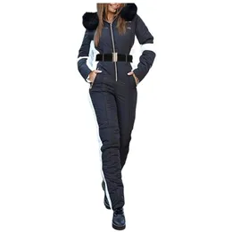 Womens Jumpsuits Rompers Winter OnePiece Ski Jumpsuit Hooded Parka Straight Padded Thick Zipper Snowsuit Outdoor Sports Waterproof 231202