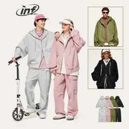 Tute da uomo INFLATION Tuta oversize unisex Harajuk Trendy Pink Pantaloni cargo e giacca con cappuccio Set Mens Hooodie Set 231202