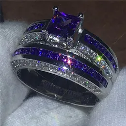 2018 Couple Anniversary ring Set 10KT White Gold Filled Engagement wedding band rings for women Purple 5A zircon Jewelry Gift230v