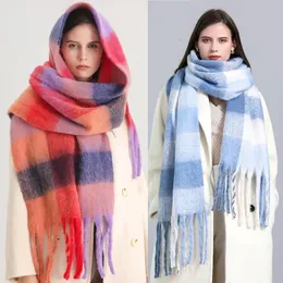 Scarves Winter Plaid Scarf Pashmina Women Cashmere Thick Wraps Lady Shawls Tassel Warm Rainbow Hairy Bufanda 231201