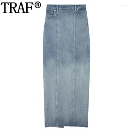 Kjolar 2023 blå denim kjol kvinna hög midja länge för kvinnor streetwear höst midi med slits jean