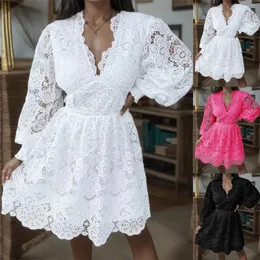 Casual Dresses Elegant Lace White Dress For Women Floral Hollow Out Embroidered Party Autumn Long Puff Sleeve Boho Holiday Robe