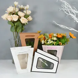 Confezione regalo Scatole di carta per fiori Finestra trasparente Forma trapezoidale trasparente Scatola di imballaggio portatile Borse Borsa Kraft per matrimonio con rose