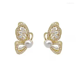 أقراط مسمار S925 Silver Needle Butterfly Pearl Women’s Women Recial Elegant Engulant Fervent for Women