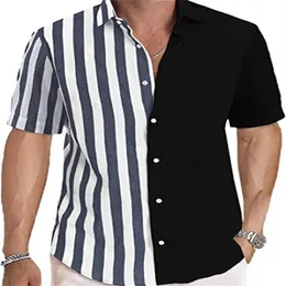 Men's Casual Shirts Mens Stitching Short Sleeved Blouses Stripe Tops Button Shirt Lapel Collar Vacation Workwear Camisas De Hombre