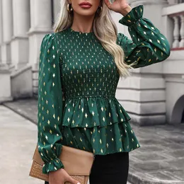 Blouses pour femmes Mode élégante Chemises en mousseline de soie imprimées Été 2024 Col rond Manches longues Lanterne Pull ample Blouse Femmes Sudaderas