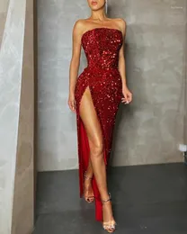 Lässige Kleider Pailletten trägerloses Abendkleid Frauen Sexy Red High Slit Elegant 2023 Herbst Frühling Party Club