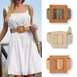 Belts Vintage Big Buckle Elastic Braided Belt For Women Bohemian Straw Woven Summer Beach Style Waistband Ladies Dress Decoration