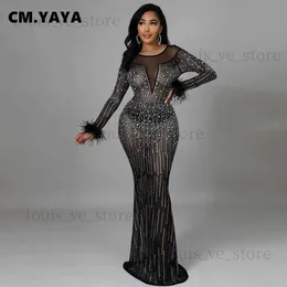 Urban Sexy Dresses CM.Yaya Women Diamonds Hot Drill Mesh See även om fjäder långärmad sjöjungfru maxi klänning sexiga nattfestklänningar vinter våren t231202