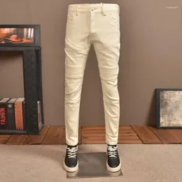 Men's Jeans Streetwear Fashion Men Beige Yellow Stretch Skinny Fit Spliced Designer Biker Patched Hip Hop Denim Pants Hombre