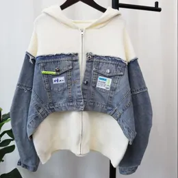 Malhas femininas Hsa 2023 outono inverno mulheres camisola com capuz e denim retalhos cardigans manga longa grossa quente zíper ponto coreano preto