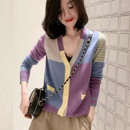 Women's Knits 2023 Single Breasted Sweater Cardigan Long Sleeved Elegant Color Block Knitted Spring And Autumn Coat T417