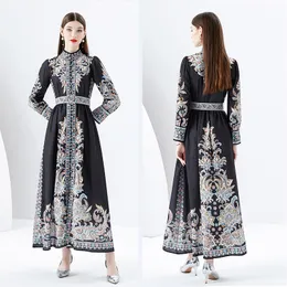 Retro Floral Vacation Women MAXI Sukienka Designer szata długiego rękawu stojak kołnierz szczupłowy pasek luźne duże sukienki huśtawkowe 2023 FILL ELACJA ELEGANT FIT RUNWAY BOHO WIELKI