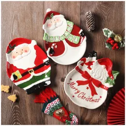 Diskplattor 3D handmålad julstil Keramisk matplatta oregelbundet bordsartiklar Santa Santa Claus Breakfast Dessert Hushåll Användning 231202