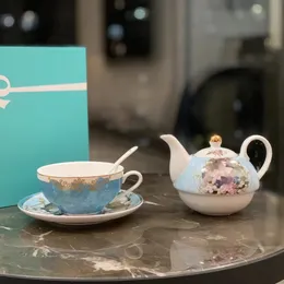 Designer conjuntos de chá da tarde osso china cor esmalte flores impresso europeu bule pires conjunto com caixa de presente