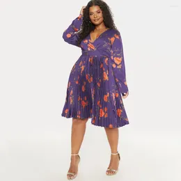 Plus size vestidos outono moda vestido estampado feminino sexy com decote em v manga longa cintura alta plissado elegante commuter