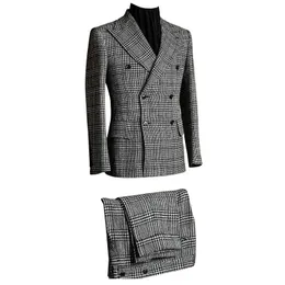 Men s Tracksuits Houndstooth Premium Double Breasted Buttons Tuxedos Lapel Two Piece Suit Daily Casual Wedding Dinner Business Party 231202