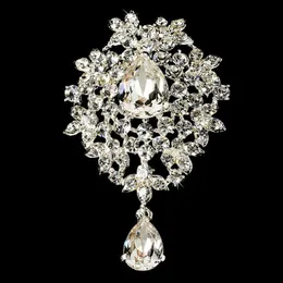 Pins, Brooches Sier Plated Clear Rhinestone Diamante Crystal Dangle Heart Drop Glass Brooch For Wedding Drop Delivery Jewelry Dhdq8