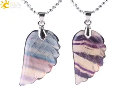 CSJA Angel Wing Pendant Racved Feather Natural Stone Green Fluorite Necklace Crystal Quartz Rock for Lovely Reiki Healing Je7916812