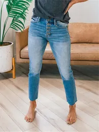 Jeans de mujer Botón recto azul Moda Vintage Casual Mujer Pantalones de mezclilla Jean Femme Cintura media Longitud completa Slim