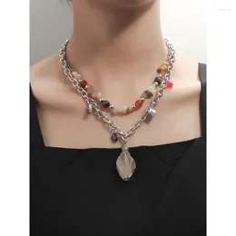 Pendant Necklaces Double Layered Natural Tiger Stone Crystal Beaded Necklace Women's Metal Chain Heavy Industry Fashion Jewelry
