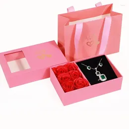 Jewelry Pouches Rose Flower Box Window Gift For Ring Earrings Pendant Necklace Valentine's Day Organizer