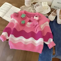 Наборы для девочек от 1 до 9 лет, вязаные свитера с длинными рукавами, милый мультяшный медведь, клубничный пуловер, полосатый свитер, одежда, детская розовая верхняя одежда 231202