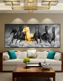 Прерия, шесть лошадей, золотые и черные животные, картина маслом на холсте, постеры и принты, настенные художественные картины Куадрос для гостиной4155548
