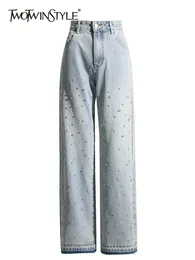 Frauen Jeans TWOTWINSTYLE Patchwork Gestickte Flares Für Frauen Hohe Taille Spleißen Taste Breite Bein Hosen Weibliche Mode Kleidung 2023 231201