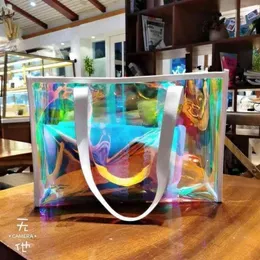 여성 레이저 투명 핸드백 홀로그램 PVC Candy Beach Waterproof Shoulder jelly femme bolso 220427156r을위한 귀여운 홀로 투명 가방