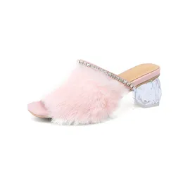 Genuíno 2023 Mulheres Senhoras Couro Cheels transparentes Sandálias Sapatos bombas Slipper Summer Summer Casual Peep-toes Casamento Dimond Flip Shop-On Shop-On Siz