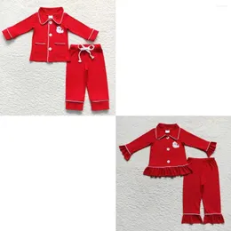 Ensembles de vêtements bébé Noël Santa broderie vêtements de nuit pantalon enfant tenue rouge correspondant garçon fille pyjamas enfants manches longues boutonné