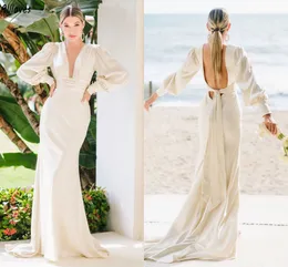 Ivory Soft Mermaid Wedding Dresses Plunging V Neck Long Sleeves With Buttons Simple Bridal Gowns Boho Garden Backless Sweep Train Bride Reception Party Robes CL2986
