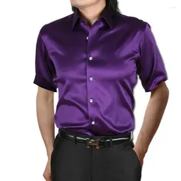 Herrklänningskjortor Anpoetchy Brand Men faux Silk Shirt Bright Tyg 14 Color Short Sleeve Korean Fashion Clothing Plus Size Size