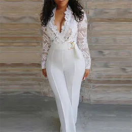White Jumpsuit Women Lace Ing Sleeve V Neck Plus Size Wide Leg Long Pants Office Lady Jumpsuits For Ladies Streetwear