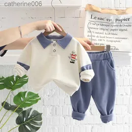 Roupas Conjuntos de roupas Spring Autumn Baby Boy Boutique Roupas infantis 2023 CHEIRAS CHIROANS CHARATON Turn-won colares calças de colarinho esportes de duas peças setl231202