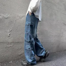 Men's Jeans Men Vintage Wide Leg Denim Pants Straight Hip Hop Streetwear Neutral Mopping Trousers Drawstring Cargo