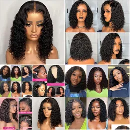 Human Hair Wigs For Women Brazilian Deep Wave Frontal Wig 180 Density Transparent T Part Lace Jerry Curl Bob Preplucked Remy Drop Deli Dhj90