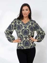 Women's Blouses Women T-shirt Ethnic Style Long Sleeve V Neck Plant Print Loose Ladies Fall Tops Streetwear