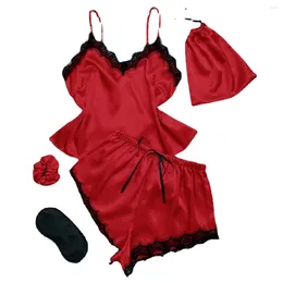 여자 잠자기 섹시한 레이스 슬립 드레스 홈웨어 속옷 여름 백 스트랩 반바지 세트 홈 실크 아이스 잠옷 단색 란제리