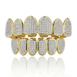 Gold Silver Plated Hip Hop Vampire Teeth Grillz Top and Bottom Iced Out Micro Pave CZ Stone Bling Body Jewelry230o