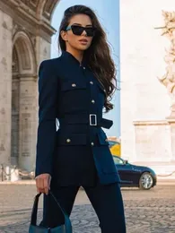 Ternos femininos blazers sltnx traf mulher moda elegante elegante luxo lazer jaqueta feminina grande bolso com cinto casual terno casaco 231202