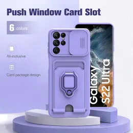 Slide Camera Ring Holder Phone Case For Samsung Galaxy S23 S22 Ultra Plus A23 A33 A53 A73 A52 A72 A32 A12 A51 A71 A31 A50 Silicone Card Slot Bag Cover