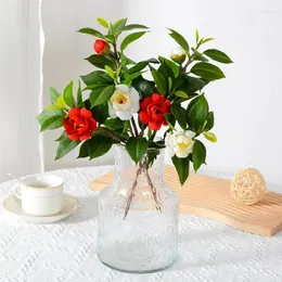 Flores decorativas artificiales de una sola rosa de té, ramo de película de Camelia blanca fresca, adornos de mesa para sala de estar, arreglo floral