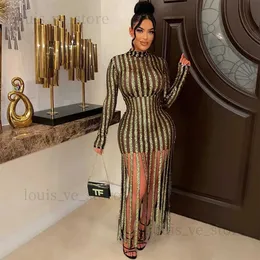 Urban Sexy Dresses Sequin Sheer Mesh Long Tassel Evening Party Dress Women Elegant Sexig Mock Neck Long Sleeve BodyCon Maxi Robe Clubwear T231202