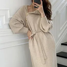 Casual Dresses Elegant Sweater Dress Female Fashion Loose Turtleneck Solid Pullover Sash Tie Up Robe Femme Autumn Winter Party