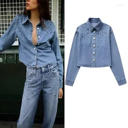 Kvinnor BLOUSES KVINNA JEWEL CROPPED DENIM SHIRT Fashion Rhinestone Lapel Shirts 2023 Woman Vintage Long Sleeve Button Up Top Autumn