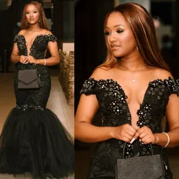 2023 Aso Ebi Prom Dresses Illusion Black Mermaid Off Shoulder Beaded Appliqued Lace Formal Dress for Black Girls Second Reception Gown Evening Gowns ST561