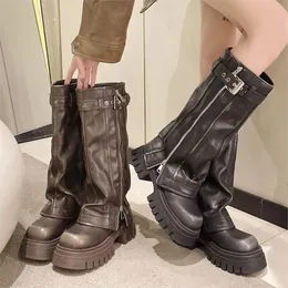 Boots Brand Desinger Knight Women Mid Calf y High Heeled Platform Punk Motorcycle Long Booties Goth Street Shoes For 231201