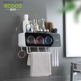 Suportes de escova de dentes ECOCO Wall Mount Automatic Toothpaste Dispenser Banheiro Acessórios Set Toothpaste Squeezer Dispenser Toothbrush Holder Tool Q231202